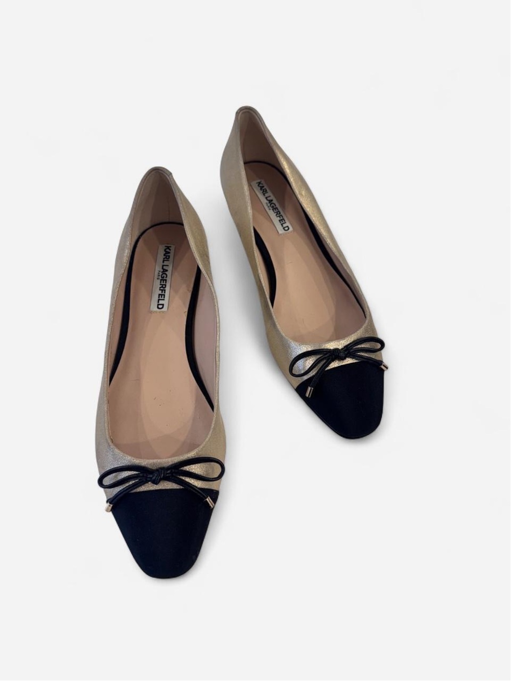Karl Lagerfeld Gold and Black Bow-Accent Cap-Toe Flats